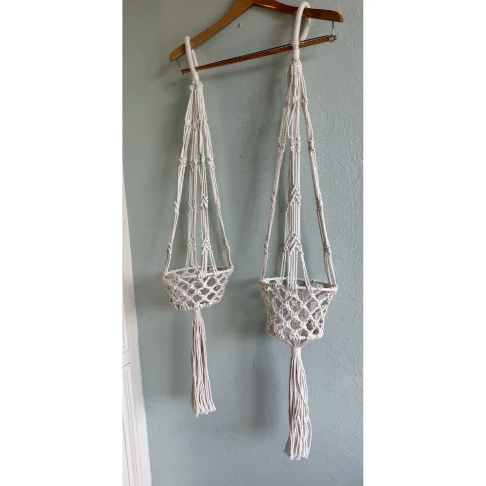 Macrame Plant Hangers Set of 2 Boho Farmhouse Decor Rope White Small